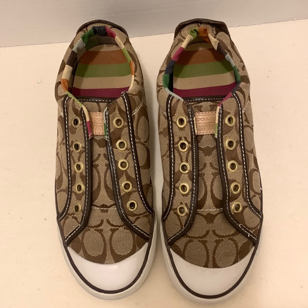 VINTAGE COACH TENNIS SHOES BARNETT::SZ 7M BROWN/TAN LOGO LEATHER HEEL:NO LACES